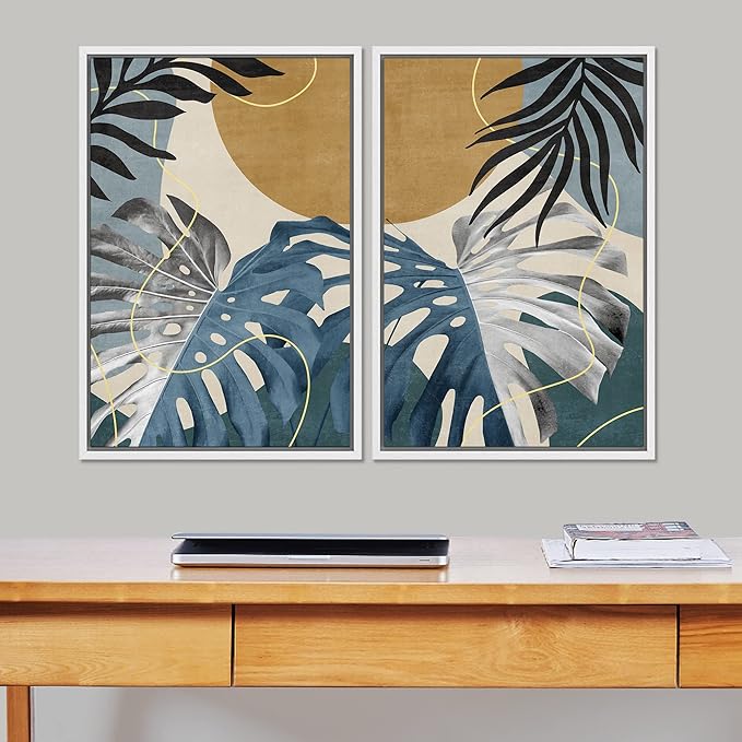 SIGNFORD Framed Canvas Print Wall Art Set Jungle Tropical Monstera Palm Leaf Abstract Shapes Illustration Modern Art Decorative Nordic Nature for Living Room, Bedroom, Office - 24"x36"x2 White