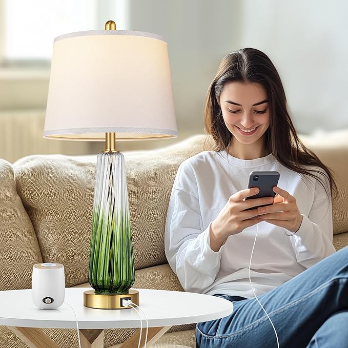 Glass Table Lamps Set of 2, Modern Bedside Lamps for Bedrooms with USB A+C Ports, 3-Way Dimmable Touch Control Nightstand Lamp with White Linen Shade, 27.5" Large Lamps for Living Room Decor, Green