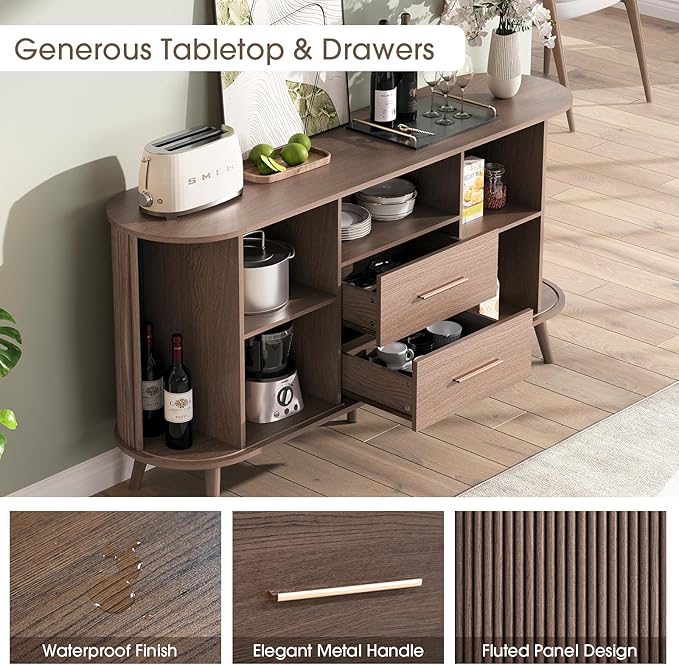 63" Storage Cabinet with Doors,Sideboard Buffet Cabinet, Accent Console Cabinet with Solid Wood Legs and Drawers,Fluted Buffet Table for Living Room, Entryway, Kitchen, Walnut