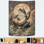 Lunerfex Moonlit Banjo Frog Wall Tapestry, Whimsical Amphibian Musician Tapestries for Room Decor, Folk Art Tapestry 44L x 60W