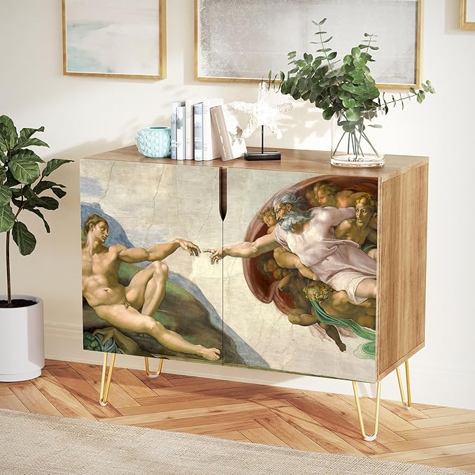 SIGNWIN Sideboard Buffet Cabinet, Kitchen Storage Cabinet with 2 Doors, The Creation of Adam by Michelangelo Vintage, Cupboard Console Table for Dining Room - 35" L x 18" W x 29" H