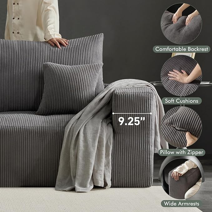 Boneless Sectional Cloud Couch Sofa for Living Room, 112" L-Shaped Modular Modern Lounge Sleeper Grey Couches with Chaise, No Assemble, Cordury Compression Upholstered Sofas