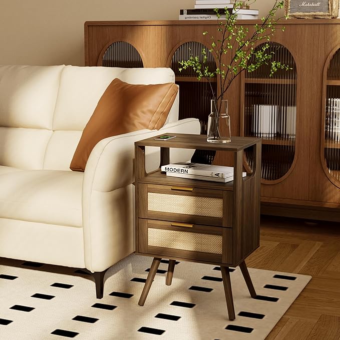 Rattan Nightstand,Farmhouse Bedside Table with 2 Storage Drawer and Open Wood Shelf, for Bedroom and Small Spaces,Night Stand with Solid Wood Legs (Walnut Brown)