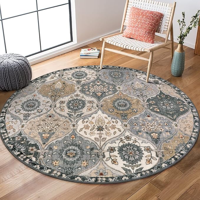 Lahome Moroccan Trellis Washable Round Rugs, Non-Slip Soft Round Rug 4ft Ultra-Thin, Small Vintage Circle Carpet for Entryway Kitchen Bedroom Nursery Bathroom, Grey