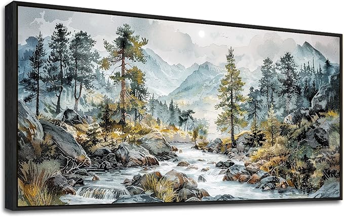 PHAOHUAXM Large Canvas Printing Artworks Wall Art For Bedroom Wall Decor For Living Room Office Home Decor Rivulet View Painting Forest Tree Landscape Watercolour Pictures Black Framed 30x60 In