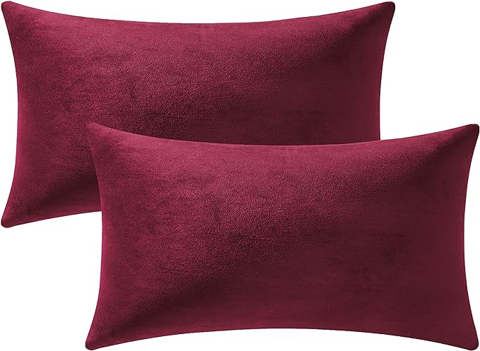 Throw Pillow Covers 12x20 Burgundy: 2 Pack Cozy Soft Velvet Rectangular Decorative Pillow Cases for Farmhouse Home Decor
