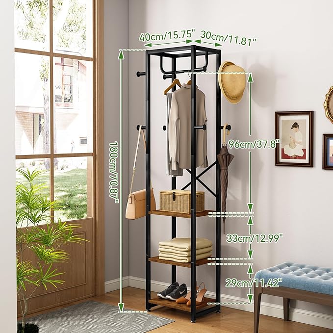 IBUYKE Coat Rack with Shelves, Freestanding Hall Tree with 3 Shelves and 8 Hooks, Industrial Clothes Stand for Entryway, Hallway, Bedroom, Rustic Brown UTMJ088H