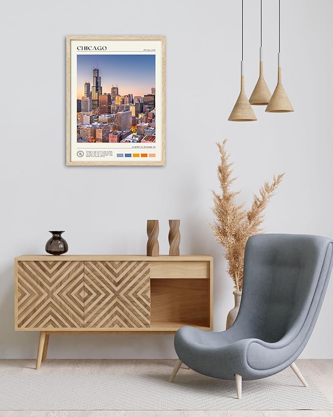 HesenDot Natural OAK Wood Chicago Cityscape Framed Wall Art,12x16in City Skyline Canvas Wall Print,Modern Urban Landmark Wall Decor for Living Room,Bedroom,Office Gallery Gifts Set of 1