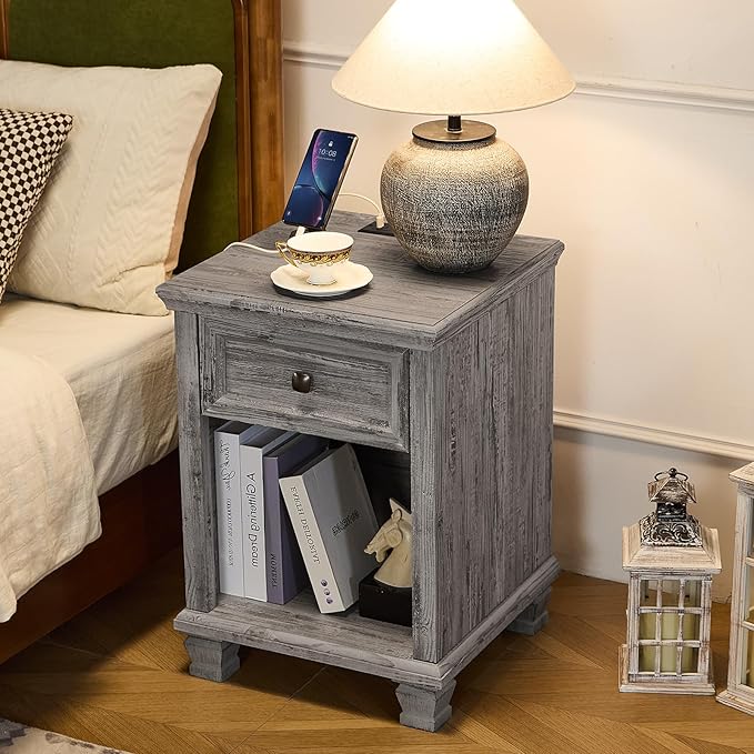 Farmhouse Side Table Set of 2 with Charging Station, Rustic Wood End Table with Drawer, Small Nightstands with Open Shelf for Bedroom, End Tables for Living Room, Grey
