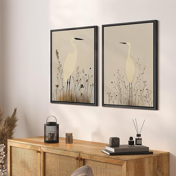 SIGNFORD Framed Canvas Print Wall Art Set Minimalist Heron Art Simplified Shapes in Neutral Tones Illustration Modern Art Decorative Nordic Nature for Living Room, Bedroom, Office - 16"x24"x2 Black