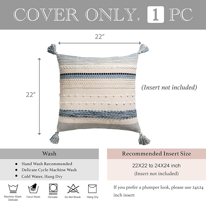 BlissBlush Coastal Blue Boho Decorative Throw Pillow Cover 22x22 Modern Bohemian Accent Pillow Case Square Woven Textured Farmhouse Pillows for Couch Bed (Pack of 1)