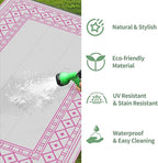 GENIMO Outdoor Rug Waterproof 6'x9' for Patio, Foldable Reversible Plastic Straw Carpet for Travel Trailers, Outside Area Mat for Rv, Deck, Picnic, Porch, Camper, Balcony, Beach, Pink & Grey