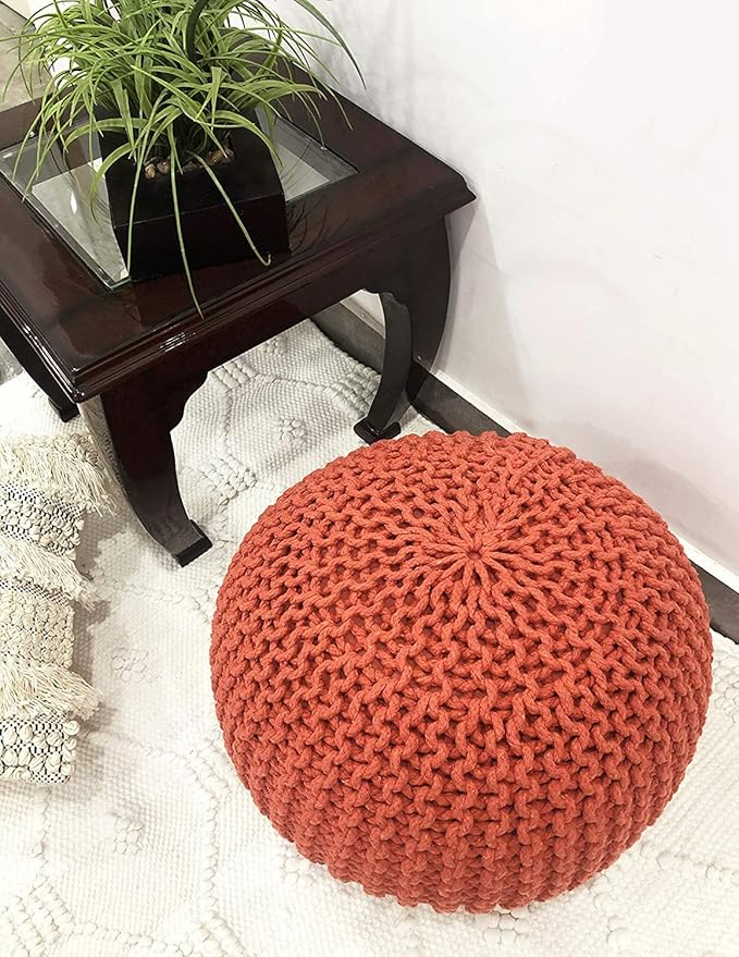 FRELISH DECOR Round Pouf Ottoman Hand Knitted 100% Cotton Pouf Foot Stool - Knitted Bean Bag - Floor Chair for Living Room Bedroom - Foot Rest for Couch (20 Diameter x 14 Height) - Rust
