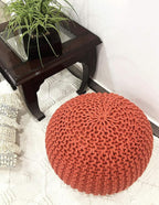 FRELISH DECOR Round Pouf Ottoman Hand Knitted 100% Cotton Pouf Foot Stool - Knitted Bean Bag - Floor Chair for Living Room Bedroom - Foot Rest for Couch (20 Diameter x 14 Height) - Rust