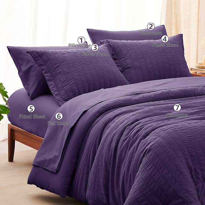 CozyLux Full Size Comforter Sets with Sheets 7 Pieces, Purple Seersucker Bed in a Bag Textured Luxury Soft Bedding Set with Down Alternative Comforter, Sheets, Pillowcases & Shams for All Seasons