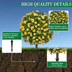 25" Artificial Boxwood Topiary Ball Fall Autumn Tree with Yellow Flowers，Fake Mums Plants with Ground Spike，Set of 2 UV Resistant Faux Bushes, Faux Shrubs for Garden, Patio, Porch, Yard, Indoor