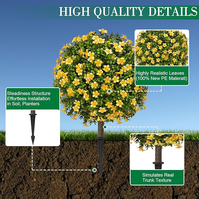 25" Artificial Boxwood Topiary Ball Fall Autumn Tree with Yellow Flowers，Fake Mums Plants with Ground Spike，Set of 2 UV Resistant Faux Bushes, Faux Shrubs for Garden, Patio, Porch, Yard, Indoor