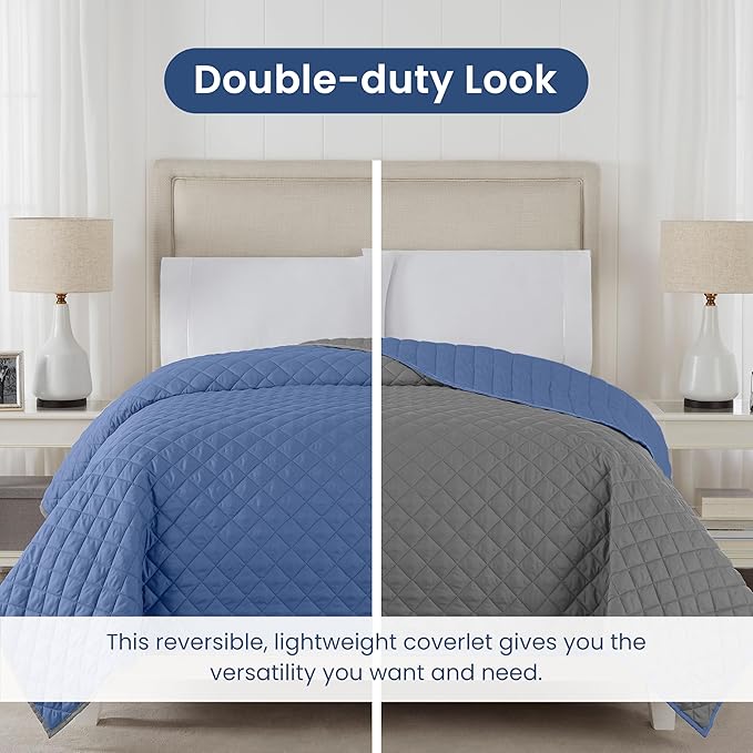 Martex Reversible Coverlet – Full Queen Size Quilt - Lightweight Full Size Bedding– Durable Queen Size Quilts for Bed – Soft - Easy Care Bedding – Ceil Blue/Gray