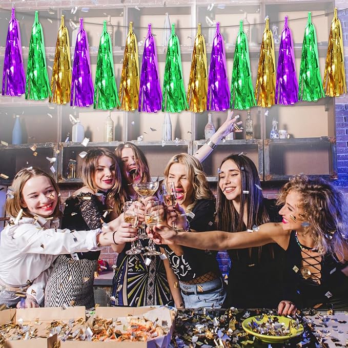 3P Purple Green Gold Foil Fringe Metallic Tassel Streamers Banner Tassel Garland for Parade Floats, Bachelorette, Wedding, Birthday, Halloween, Christmas, Bridal/Baby Shower Party Decorations