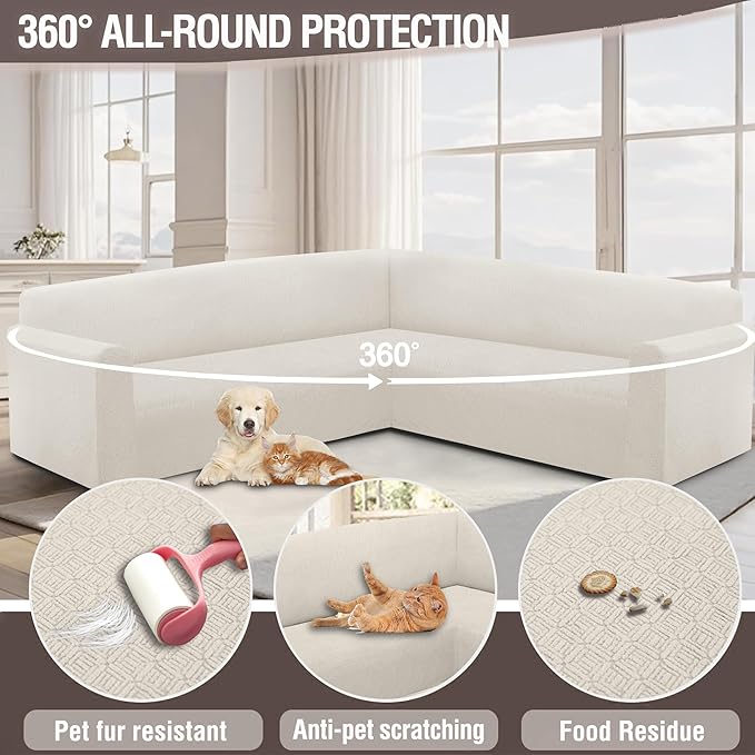 HDCAXKJ Sectional Couch Cover L Shape Stretch Sofa Covers Washable Jacquard Corner Couch Slipcover Non Slip Sectional Slip Cover U Shaped Furniture Protector for Pets Dogs (White, X-Large)