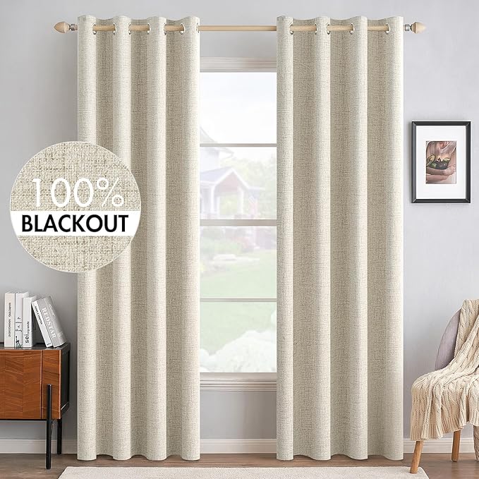 MIULEE 100% Blackout Polyester Textured Curtains for Bedroom Solid Thermal Insulated Cream Grommet Room Darkening Curtains & Drapes Luxury Decor for Living Room Nursery 52 x 90 Inch (2 Panels)