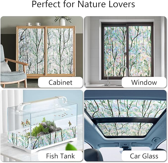 LEMON CLOUD Privacy Window Film 3D Stained Glass Window with Installation Tools,No Glue Static Cling Window Sticker,Decorative for Glass Door,Bathroom,Office and Home (Leaf Rainbow,17.4 x 157.4 Inch)