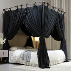 4 Corners Post Princess Curtain Bed Canopy Double Layer Cozy Mosquito Net Mesh and Cloth for Girls Adults Bedroom Decoration (Double-Black/Black, 64" W*82" L*82"*H/(Queen))