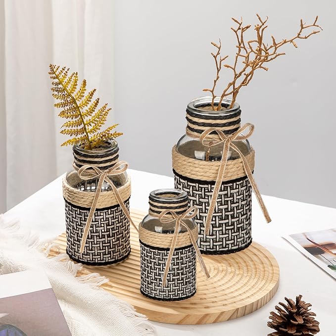 Hollyone 3Pcs Flower Vase Glass Vase with Cotton Rope Cover Woven Glass Vase Decorative Flower Bottle Modern Vase for Table Centerpiece Farmhouse Wedding Home Decor Black & White