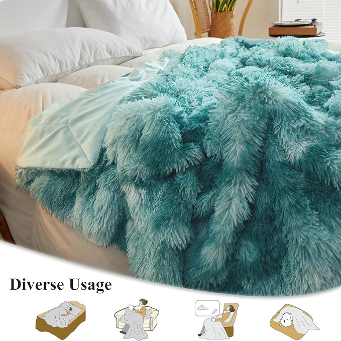 XeGe Tie Dye Plush Faux Fur Throw, Teal Soft 50x60 Shaggy Furry Blanket, Turquoise Fluffy Velvet Couch Throw, Comfy Ombre Fuzzy Lap Blanket for Bedroom Living Room Car Tie Dye Teal