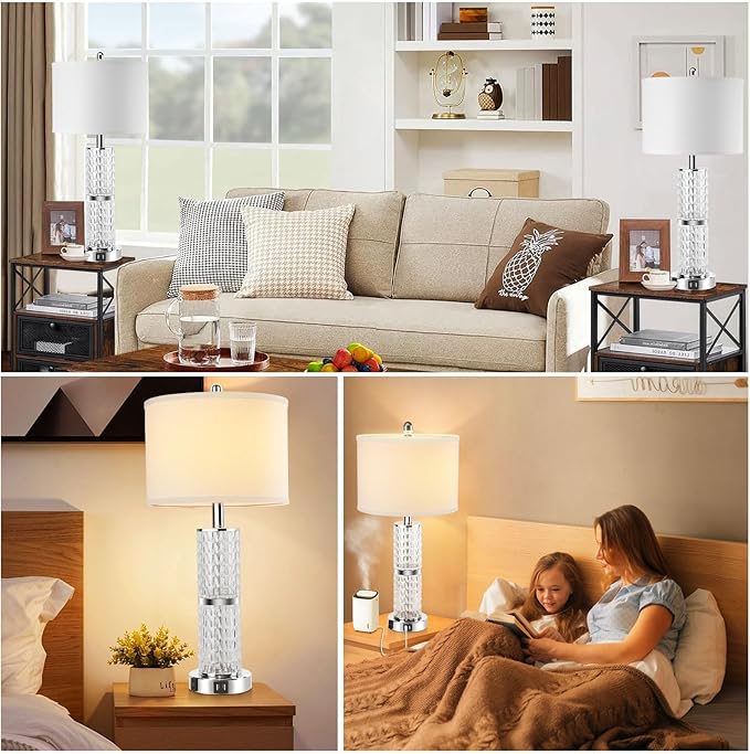 3-Way Touch Control Crystal Table Lamps Set of 2, Silver Modern Bedside Lamp with 2 USB Ports & AC Outlets for Living Room, 26' Tall Desk Lamps with White Drum Shade for Bedroom, 2 Free Bulbs Included