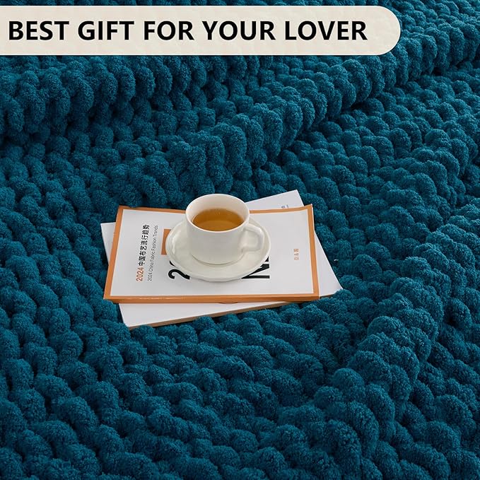 L'AGRATY Chunky Knit Blanket Throw: 72''x84'' Chenille Chunky Knitted Throw Blankets for Bed Couch - Handmade Thick Big Cable Knit Blanket - Large Crochet Rope Blankets for Home Decor(Blue)