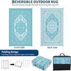 GAOMON Outdoor Rugs 8x10 Waterproof Reversible Outdoor Plastic Straw Rug, Large Patio Rugs UV-Resistant Portable RV Camping Mats, Vintage Boho Carpet for Deck Porch Garden, Light Blue & White