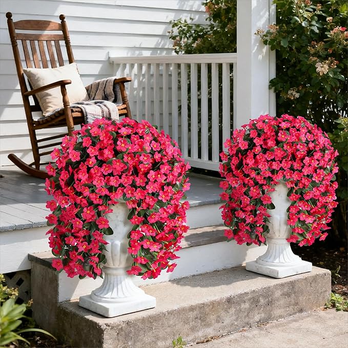 Artificial Faux Hanging Flowers Plants for Outdoor Outside Fall Decoration, 2 PCS Fake Silk Hotpink Daisy Mums Long Vines UV Resistant Realistic for Home Porch Patio Balcony Window Planter Pot