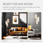 Adesso Trio Floor Lamp with Three Pull Chain Lights and Two-Tier Storage, Black Base, Brown Textured Fabric Shades, 68” Tall, Enhances Room Decor and Lighting