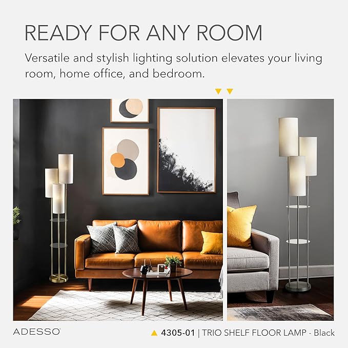 Adesso Trio Floor Lamp with Three Pull Chain Lights and Two-Tier Storage, Black Base, Brown Textured Fabric Shades, 68” Tall, Enhances Room Decor and Lighting