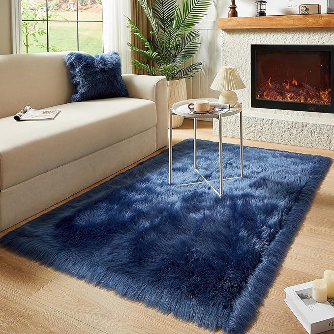 AMTOVO Faux Fur Sheepskin Rug for Living Room, 4 x 6 ft Dark Blue Fluffy Area Rug for Bedroom, Playroom, Luxury Room Decor, Rectangle