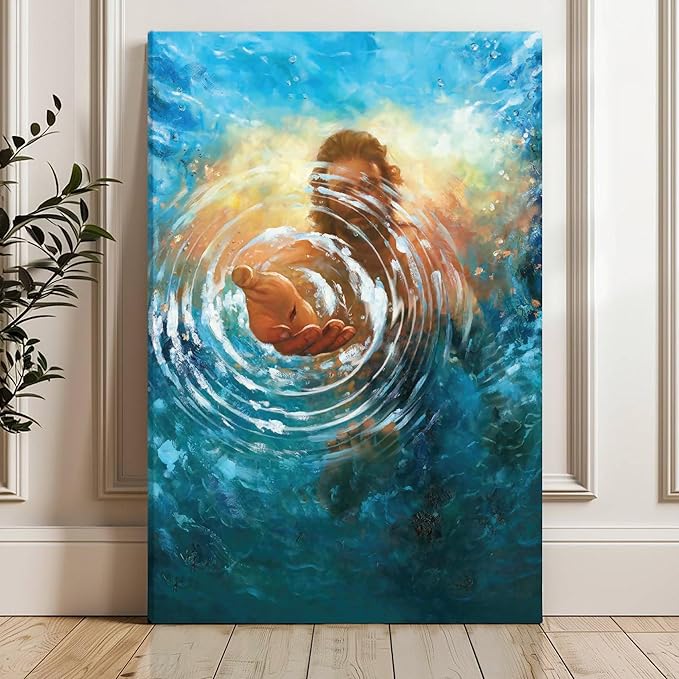Framed Jesus Christ Canvas Wall Art The Hand of God Jesus Reaching Into Water Christian Painting Prints Biblical Wall Decor Religious Room Decor for Church Prayer Room Schools Hospitals 24" x 36"