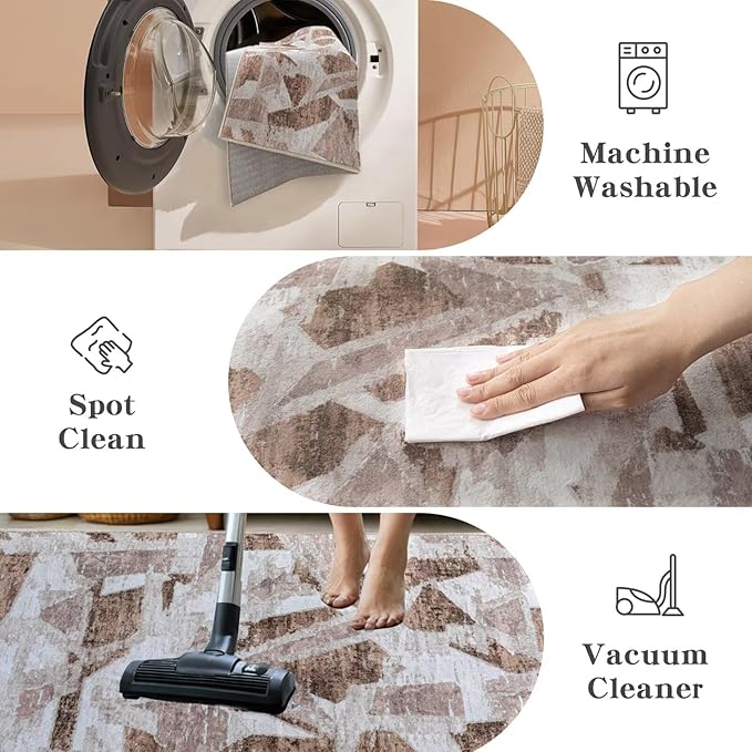 Modern Abstract 5X7 Area Rug for Living Room Bedroom Washable, with Non-Slip Rubber Backing Print Faux Wool Thin, Brown Throw Large Carpet for Kids Playroom Dining Room Pet & Child Friendly