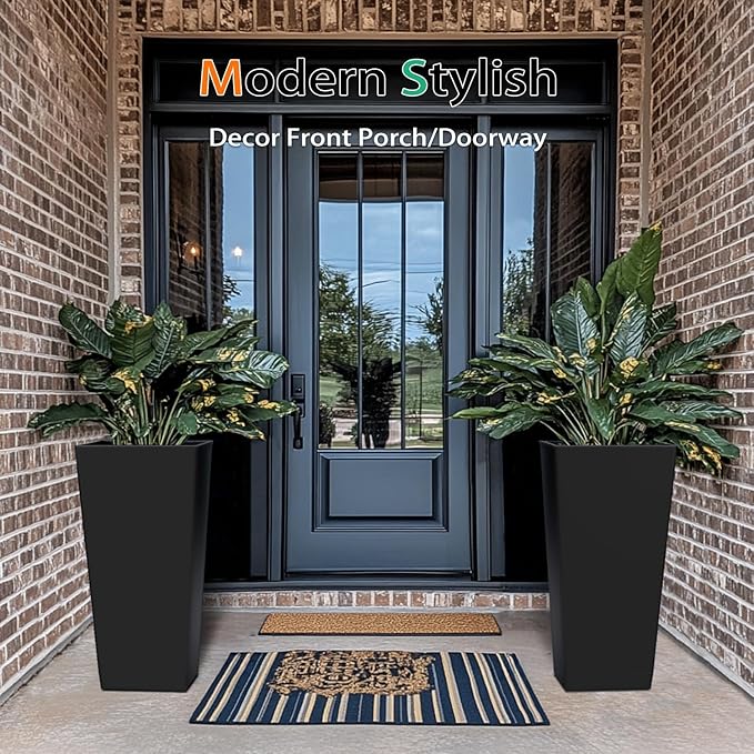 Tall Planters for Outdoor Plants, Large Resin Flower Pots for Garden, Front Porch, Patio, Indoor - Set of 2 (Black, 32 inch - 2 Pack)