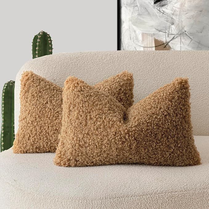 Foindtower Set of 2 Curly Teddy Wool Pillow Covers Decorative Boucle Textured Lumbar Throw Pillow Faux Fur Pillowcases Sheepskin Cushion Case for Sofa Bedroom Car 12"x20" Bronze