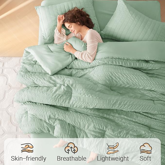 MUXHOMO 7 Pieces Queen Comforter Set, Seersucker Bed in a Bag Queen Size, All Season Luxury Bedding Set with Comforter, Flat Sheet, Fitted Sheet, Pillowcases & Shams, Sage Green