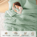 MUXHOMO 7 Pieces Queen Comforter Set, Seersucker Bed in a Bag Queen Size, All Season Luxury Bedding Set with Comforter, Flat Sheet, Fitted Sheet, Pillowcases & Shams, Sage Green