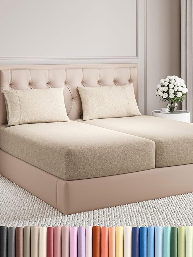 Split King Size 5 Piece Sheet Set - Comfy Breathable & Cooling Bed Sheets Set - Hotel Luxury Bedding for Women, Men, Kids, Teens, Boys & Girls - Deep Pockets & Wrinkle Free - Beige (Heathered Sheets)