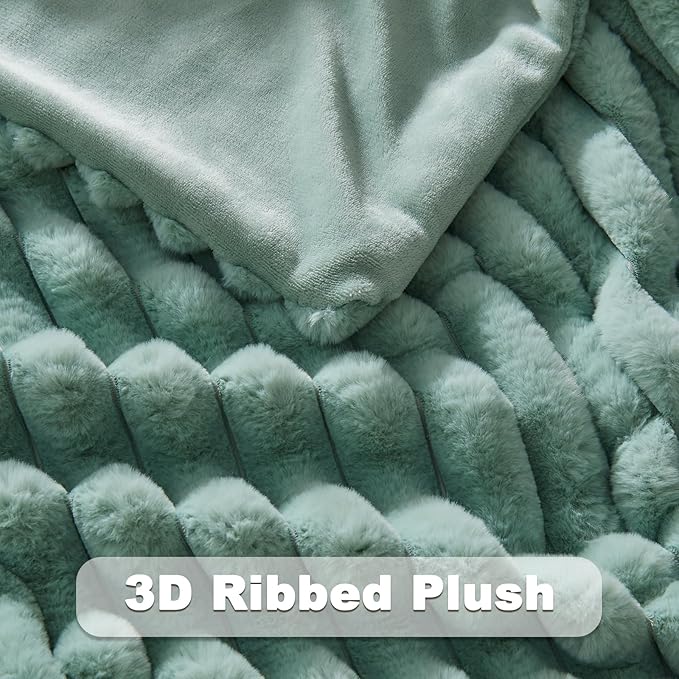 NEWCOSPLAY Faux Fur Throw Blanket New Sage Green 3D Ribbed Plush Thick Warm Blanket for Couch Sofa Bed 850GSM (New Sage Green Ribbed, Throw(50"x60"))