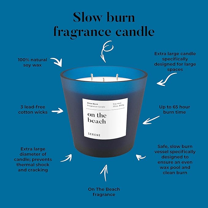 Hidden Label Large Scented Candle, On The Beach, 30oz 3 Wick Huge Candle, Serene Collection Slow Burn Natural Soy Candles for Home Scented