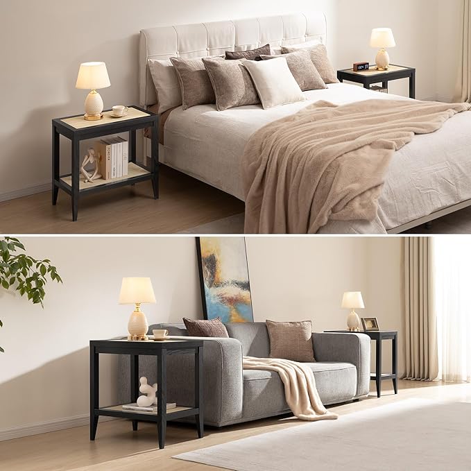 SICOTAS Rattan Nightstand Bedside Table - Farmhouse Boho Narrow Accent End Table with 2 Open Rattan Shelves for Bedroom, Living Room, Small Spaces - Black Oak