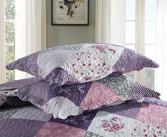 Travan Bedspread Quilt Set 3-Piece Lightweight Coverlet Set with Shams Reversible Quilted Bedding Set for All Season, Purple Floral, Queen Size
