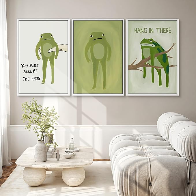 SIGNWIN Framed Canvas Print Wall Art Whimsical Frog Humorous Green Frog Photography Modern Art Minimalist Black and White for Living Room, Bedroom, Office - 16"x24"x3 White