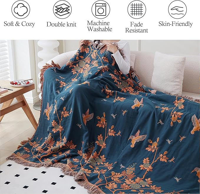 Snycler Boho Throw Blanket for Bed, 100% Organic Cotton Muslin Soft Throw-Floral Bird Farmhouse Rustic Spring Summer Fall Decor Blanket for Couch Sofa Quilt and Gift, 80" x 90" Orange