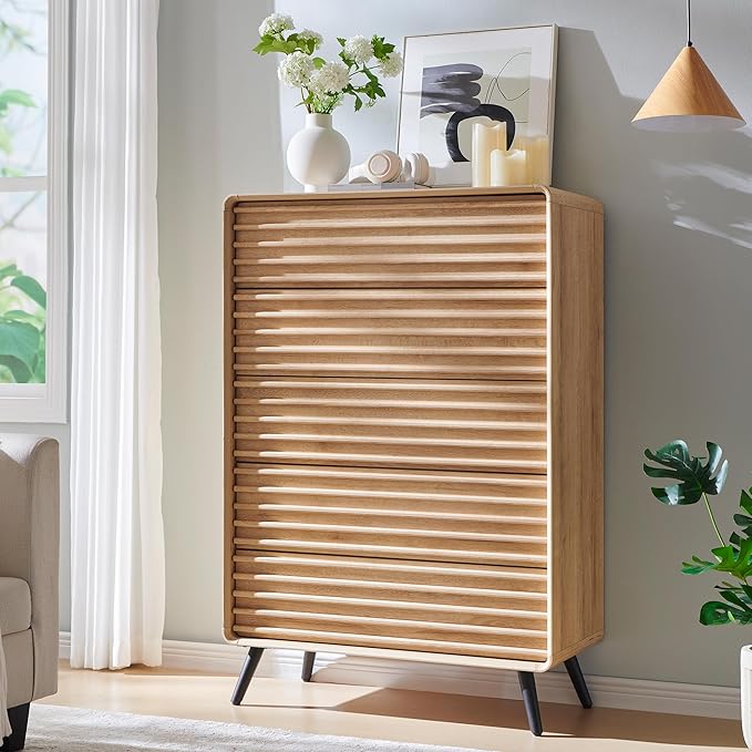 RedLemon 5 Drawers Dresser for Bedroom, 48'' Tall Mid Century Modern Wood Fluted Dresser, Chest of Drawers with Tapered Leg for Bedroom, Living Room, Hallway, Closet,Natural Oak